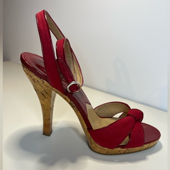 Michael Kors Tied Up Ankle Open Toe Red Fabric & Cork Summer Heels - Picture 5 of 9